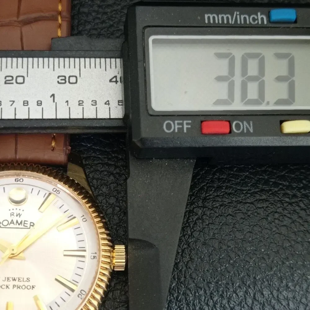 Vintage 1973 Roamer Manual Mens Gold Watch W/Leather Strap & Silver accents